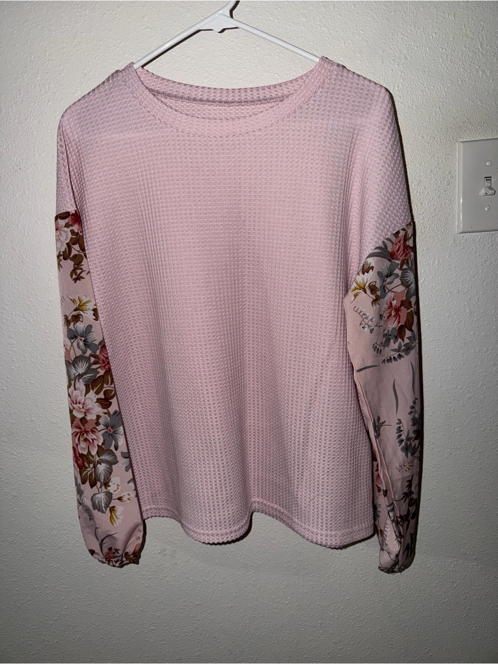 Light Pink Waffle Knit Top with Floral Long Sleeves